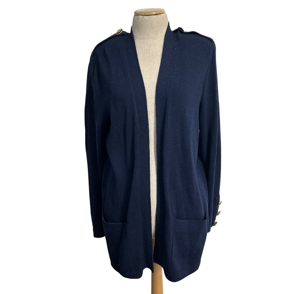 St. John Womens Sz Basics Navy Open Front Cardigan Sweater W/ Gold Button